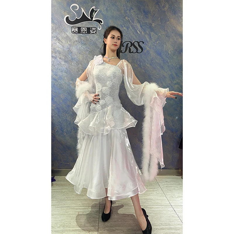 2026 White Ballroom Dance Competition Dress Women Waltz Dance Costumes Feather Sequin High End Prom Dress Performance Wear 18420 view 4