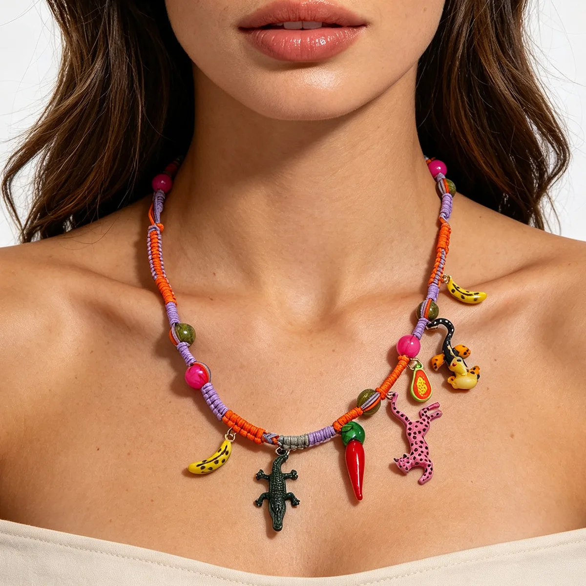 ZA contrasting color handwoven rope necklace banana pepper leopard crocodile little yellow duck multi-pendant beaded collarbone