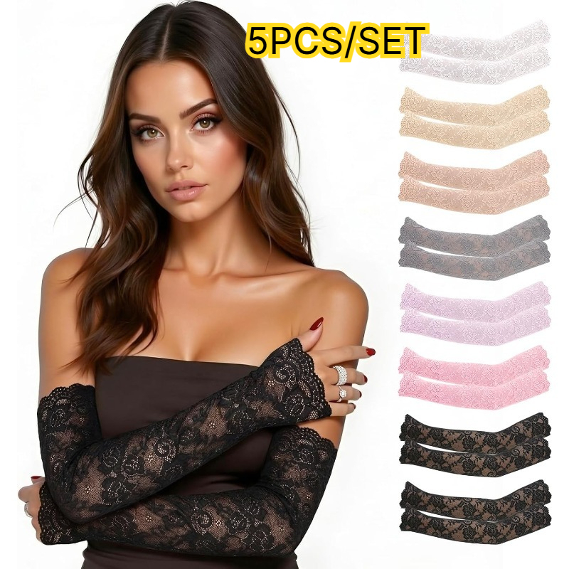  5 Pairs Sunscreen Lace Arm Sleeves, Floral Lace Hollow Arms Cover Elegant Long Fingerless Gloves Elbow Length Lacy Arms Cover 