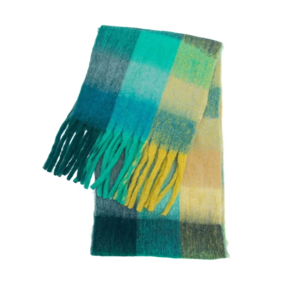 Elegant Mohair Plaid Wool Scarf Long Rainbow Tassel Shawl Thick Korean Style Warm Wraps Autumn Winter