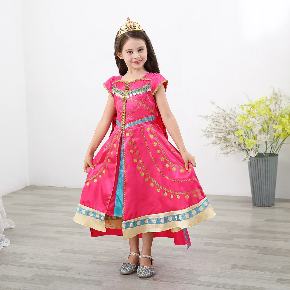 Jasmine Princess Dress for Girls Aladdin Christmas Gorgeous Pink Dress Kids LED Light Coronation Costume Child Arab Clothes