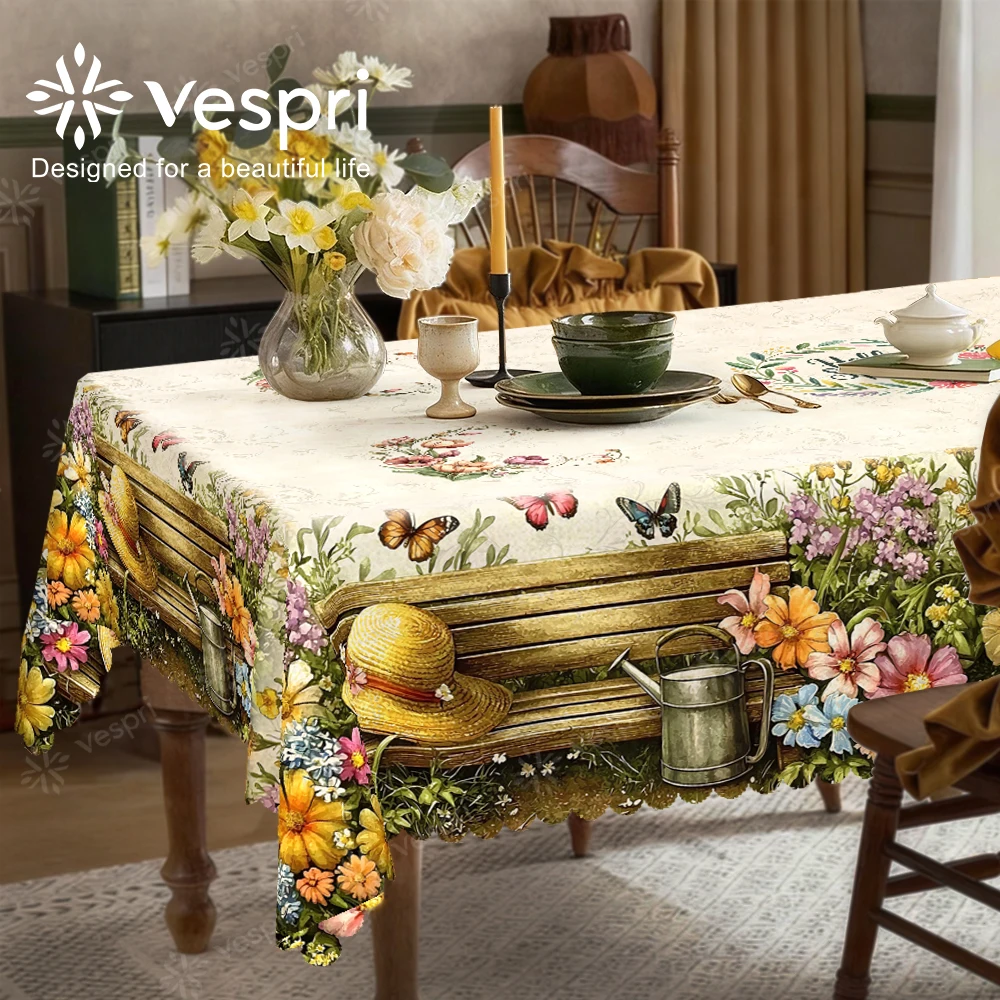 Vespri Florale Oster-Tischdecke mit Blumen- und Schmetterlingsmuster in Weiß-Gelb für Runde, Rechteckige und Ovale Tische