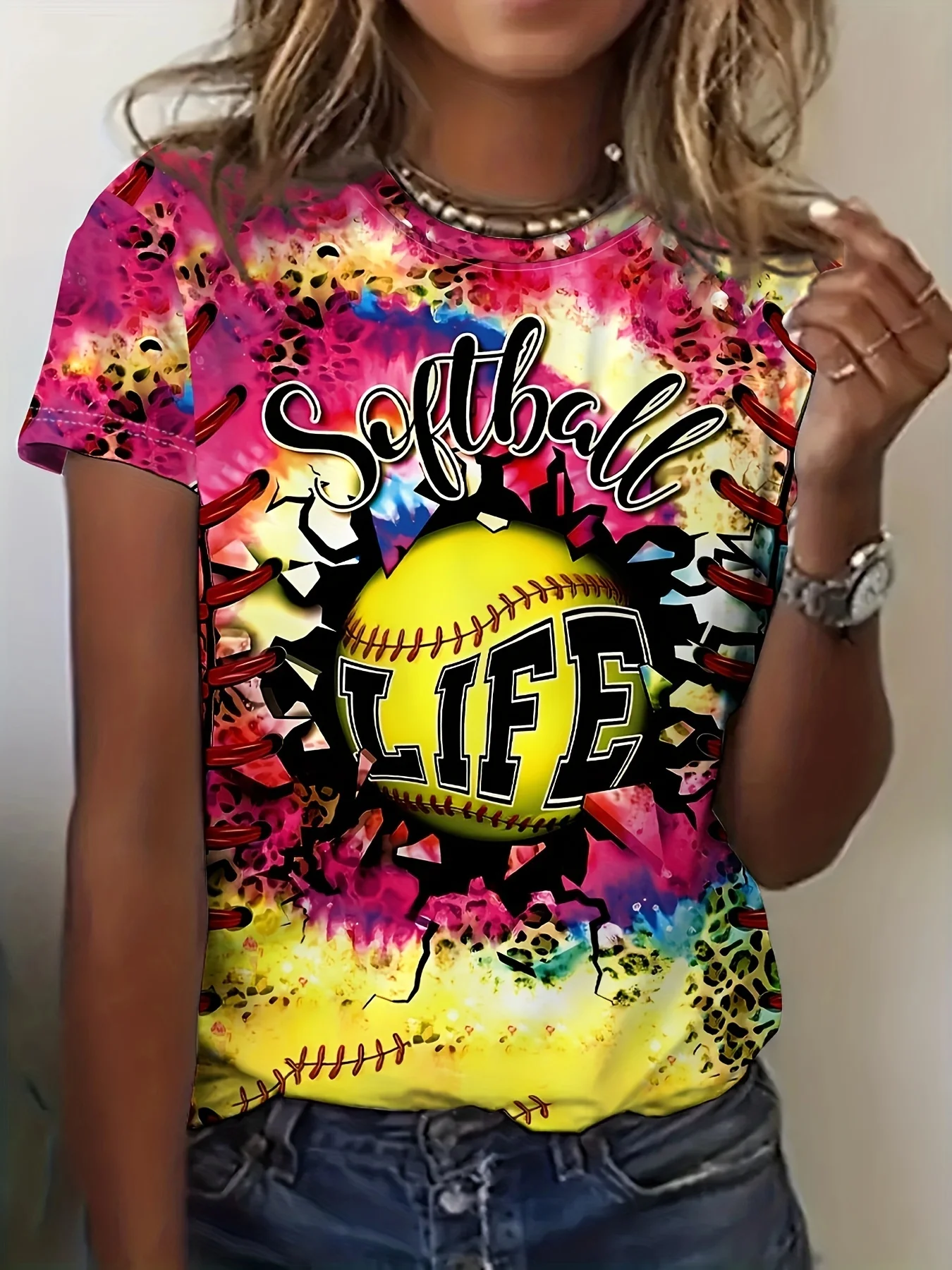 

Women's 3D Digital Print T-shirt Softball LIFE Tie Dye & Leopard Pattern Round Neck Short Sleeve Casual Top