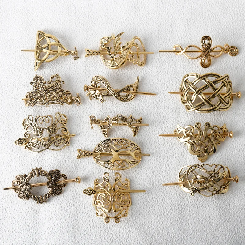 Horquilla vikinga dorada, corona de nudos celtics, palo de Metal Vintage para el cabello, runas, dragones, Clip deslizante para el cabello, accesorios de joyas para el cabello para mujer