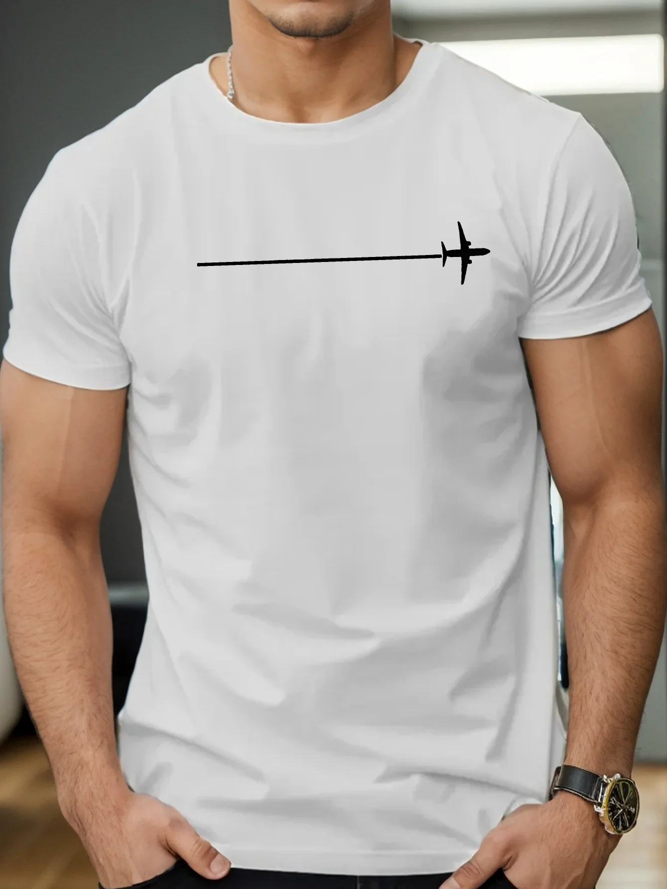 

Men's summer 100 pure cotton fashionable minimalist airplane pattern printed round neck short sleeved T-shirt top Regular style
