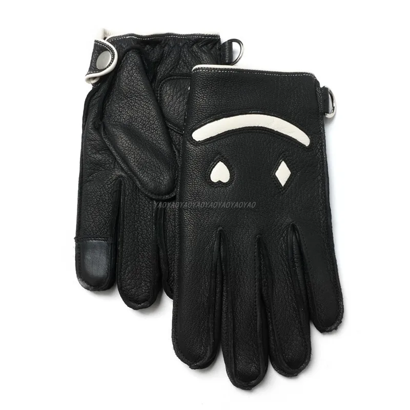 Retro Leather Motorcycle Gloves for Men Winter 100% Deer Skin Wool Lining Arm Warmer Male Black White Windproof Riding Mittens