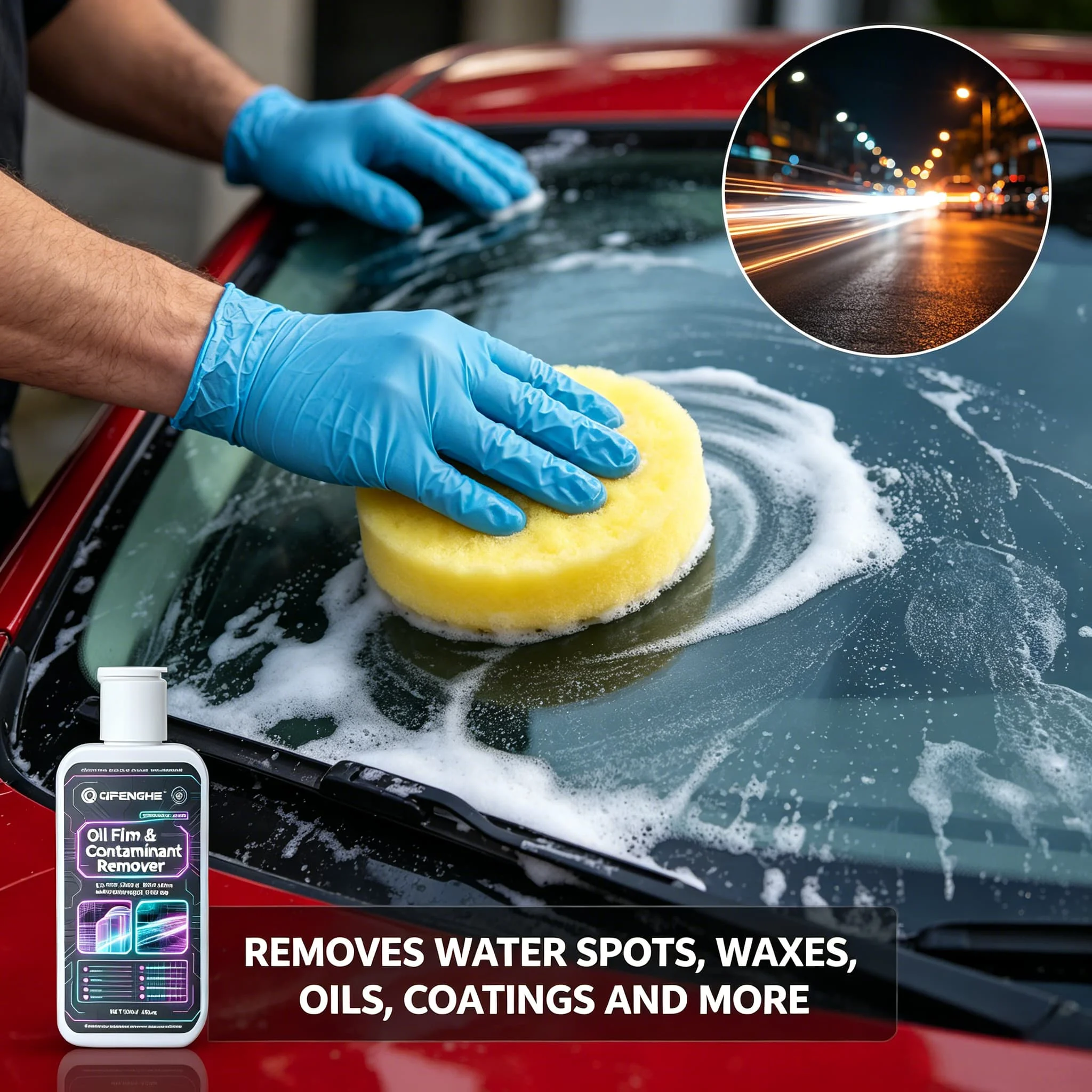 QIFENGHE All-in-One Glass Contaminant Remover – Eliminates Stubborn Oil Film, Bug Splatters, Bird Droppings, Tree Sap – 120ml Bo