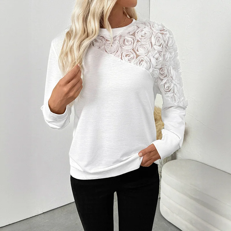 New Style Elegant Style Rose Three-dimensional Flower Decoration Long Sleeve Solid Color Sweatshirt for Women