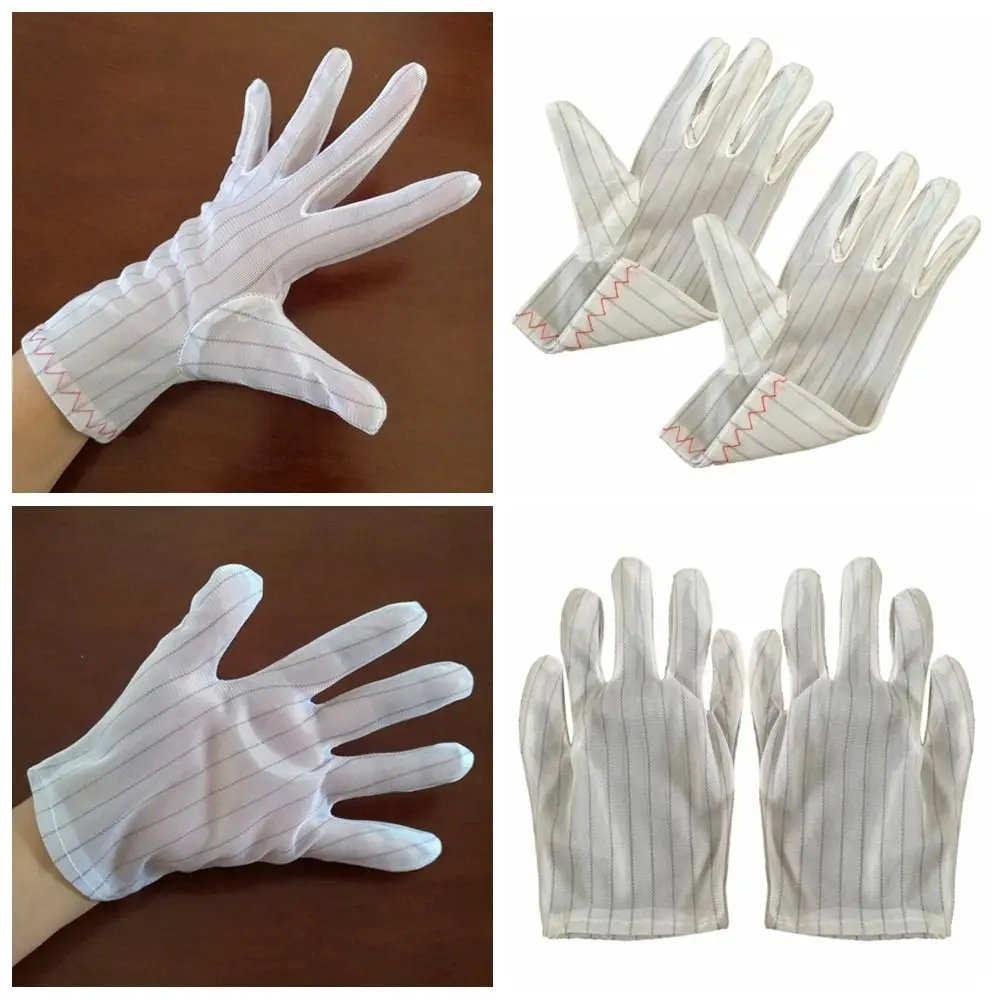 Anti-static Nylon Work Gloves Thin Double Sided Stripes White Safety Gloves Dust-proof Non-slip Electronics Factory Supplies