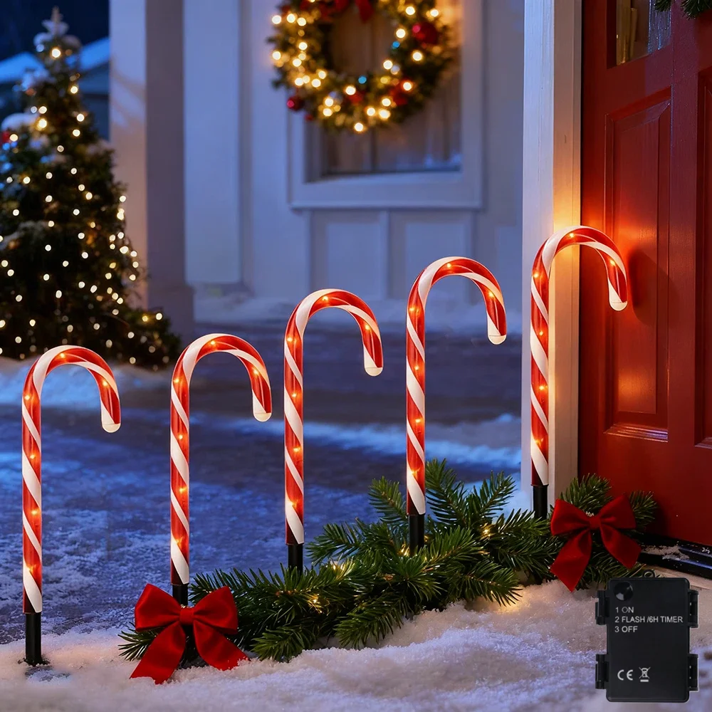 5 قطع/مجموعة أضواء قصب حلوى عيد الميلاد مع وظيفة توقيت 6 ساعات تعمل بالبطارية (الشحن بدون بطارية متضمنة)