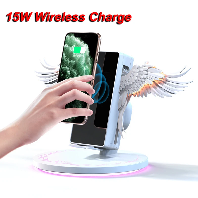 Auto Open Close Angel Wings Wireless Charger LED Leight QI Wireless 15W Fast Charge for iPhone 13 12 11 Pro Max Samsung S22 S21