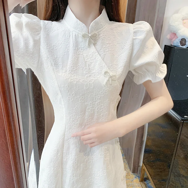 White Puff Sleeve Cheongsam Slim Chinese National A-Line Dress Bow Button Costumes Summer Sexy Qipao S To 2XL