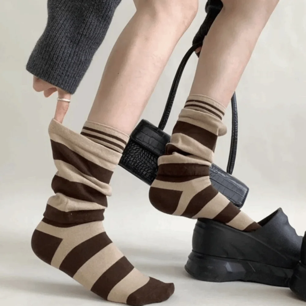 

4Pairs Fake Two Piece Ruffle Stripe Stocking Loose Warm Striped Pile Socks Elastic Soft Women's Leg Warmers Daily Wear