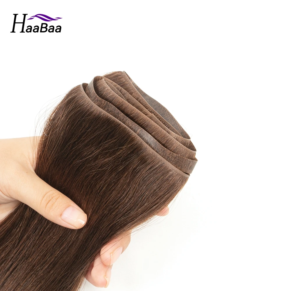 Ekstensi rambut PU panjang 12 "18" 20 "22", ekstensi rambut lurus coklat tua tidak terlihat, lem rambut manusia 95-100g tanpa pita