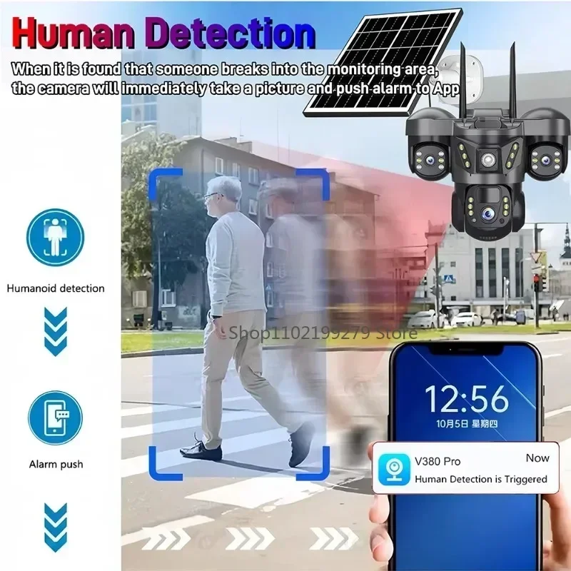 Solar 4G/WIFI IP Camera 15MP Three Lens Three Screen  Waterproof Monitor Night Vision Security Protection PTZ Video Surveillance