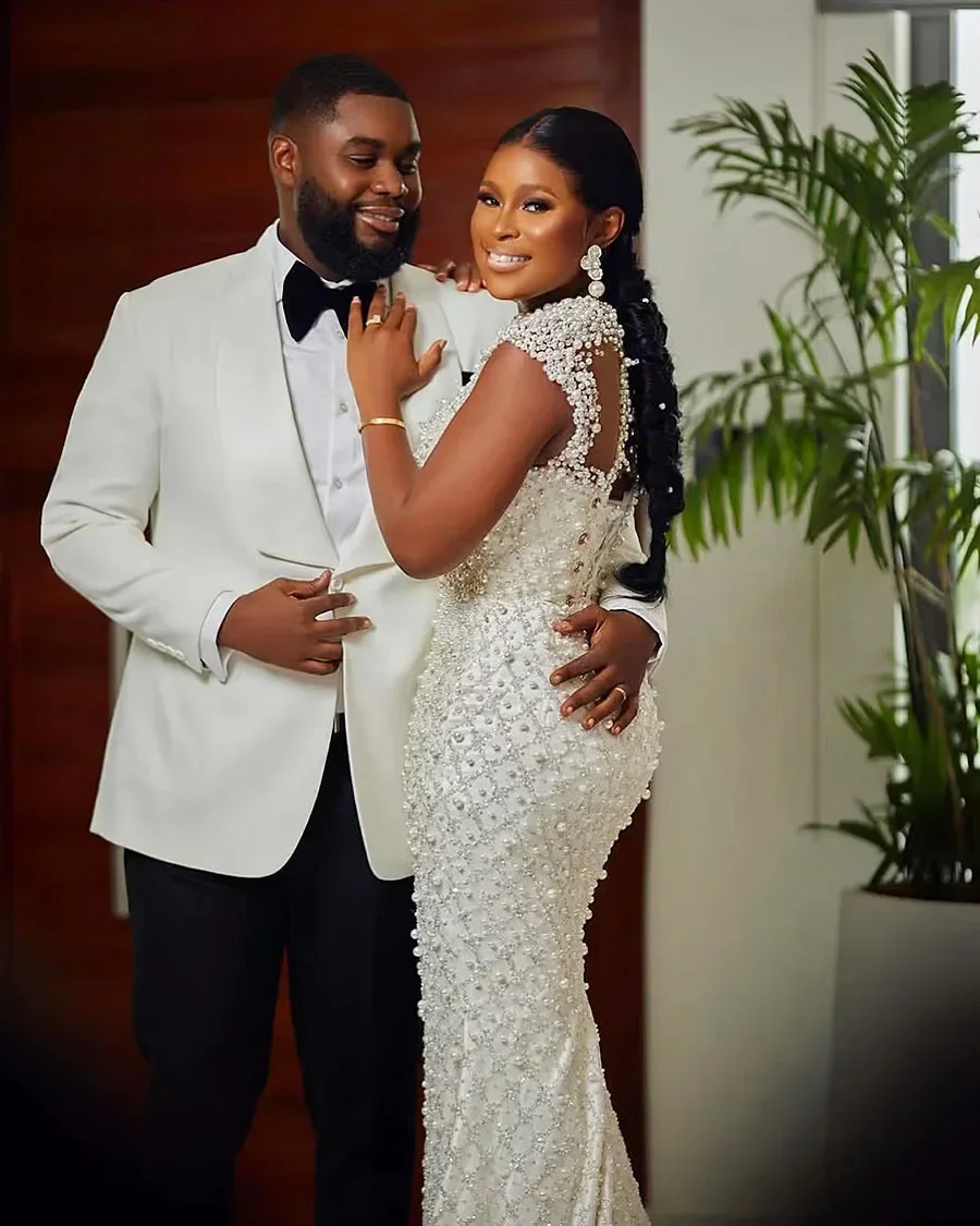 Arab Luxury Beaded Mermaid Wedding Dress Elegant Pearl Sleeveless  Bride Dress Wedding Party Dress Customized