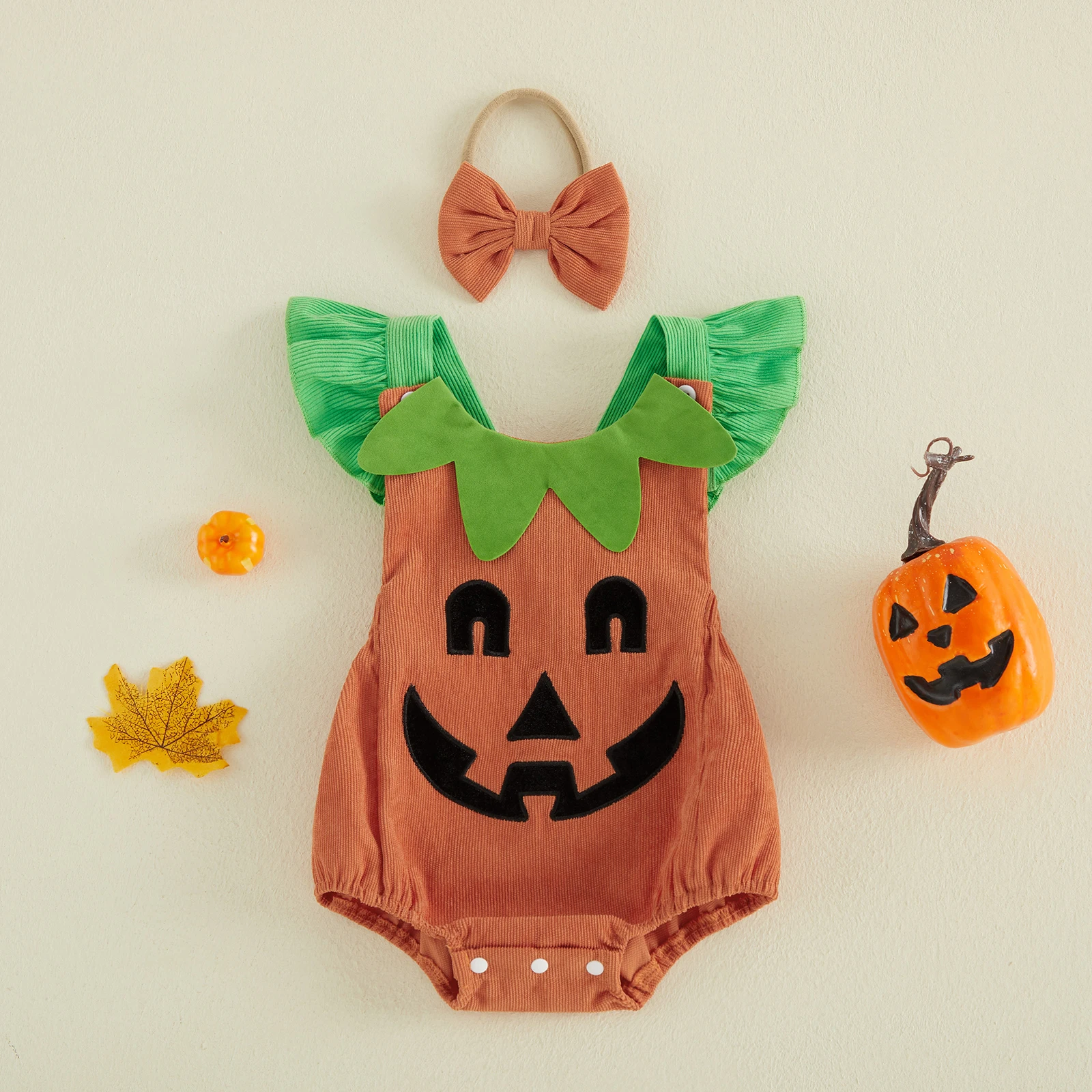 0-18M Infant Baby Girls Halloween Pumpkin Romper Orange Flying Sleeve Corduroy Playsuit with Headband