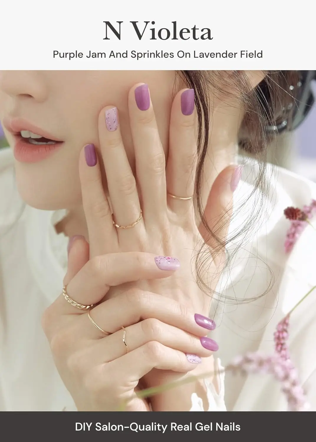 شرائط أظافر جل شبه معالجة N Violeta - منقوشة باللون الأرجواني، آمنة للأشعة فوق البنفسجية/LED، تدوم طويلاً، سهلة الاستخدام والإزالة - تتضمن وسادات إعدادية، Fi