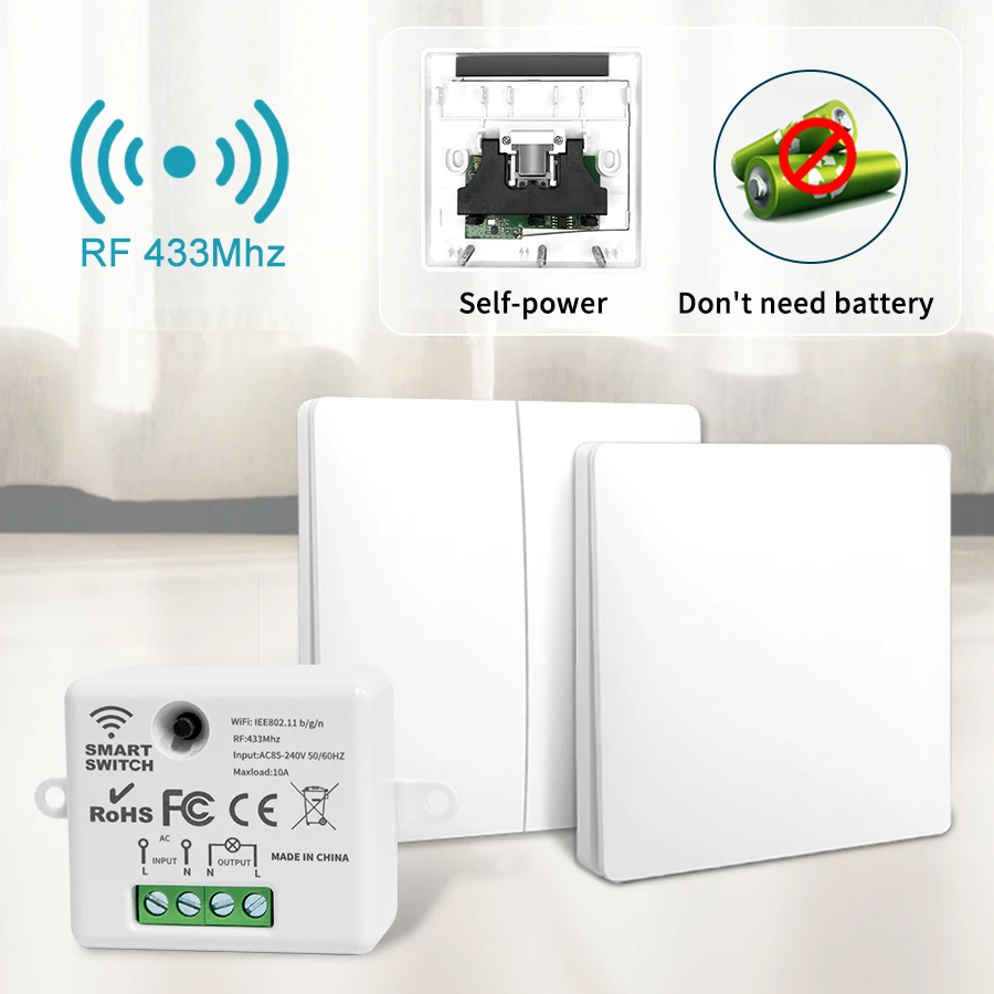 Self-powered 433Mhz Wireless Wall Switch No Battery Required Remote Control Light Switch Waterproof 1 2 Gang No Wiring