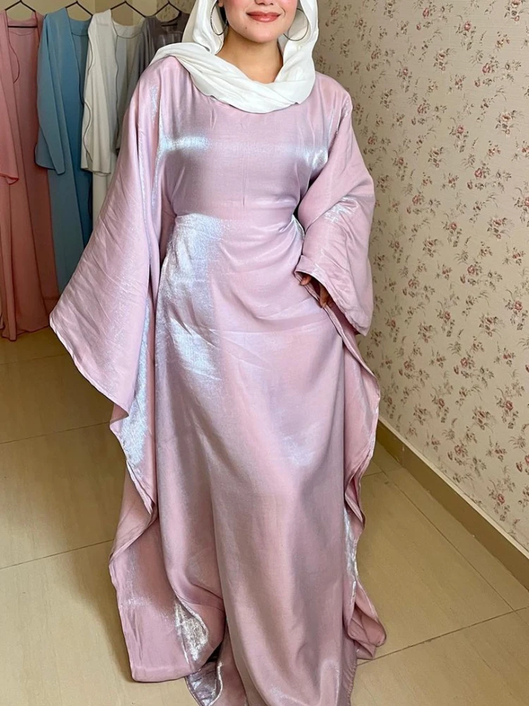 Eid Ramadan Muslim Dress Women Satin Bat Sleeve Silky Maxi Jalabiya Vestidos Largos Dubai Party Evening Dresses Summer 2024