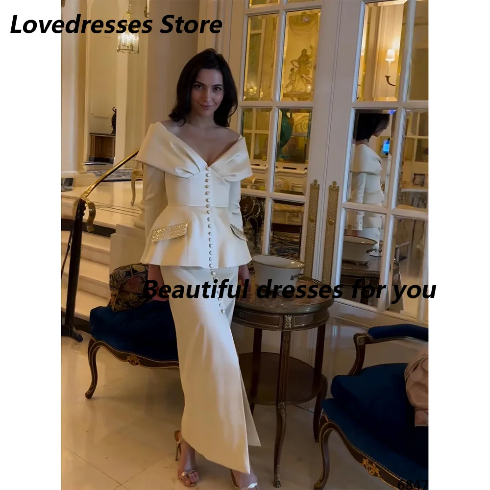 Elegant Off Shoulder Evening Dress Long Sleeves Button Crystal Tea Length Mermaid Prom Gown Midi Formal Party Dresses Customized