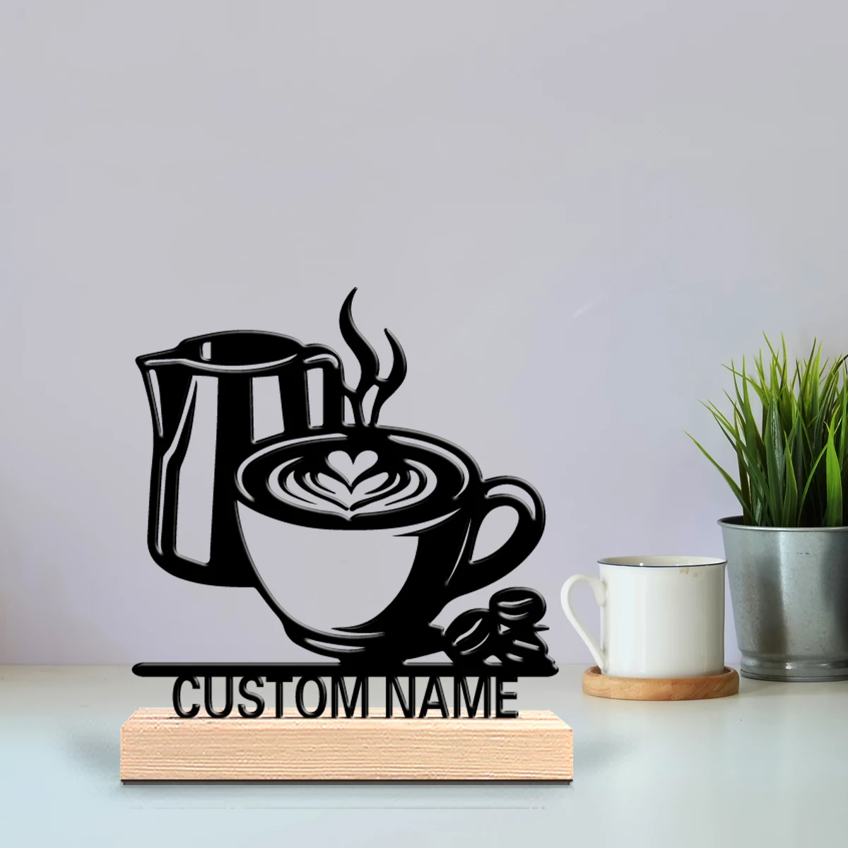 1pc Retro Personalized Custom coffee Metal Statues Wooden Base Lighting for Office Workshop Modern Rustic Steampunk Themes