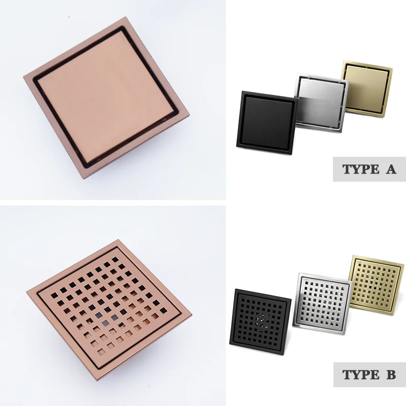 

Brushed Rose Gold 15cm*15cm Tile Invisible Embedded Grid Bathroom Shower Insect-Proof Deodorant Floor Drain Square Floor Drain