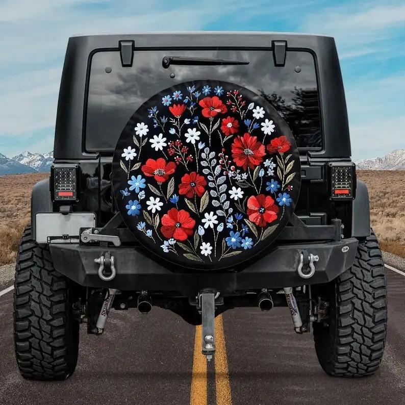 Faux Embroidery Spare Tire Cover Red White Blue, Botanical Tire Cover, Unique Spare Tire Covers Backup Camera Hole, Floral Car a