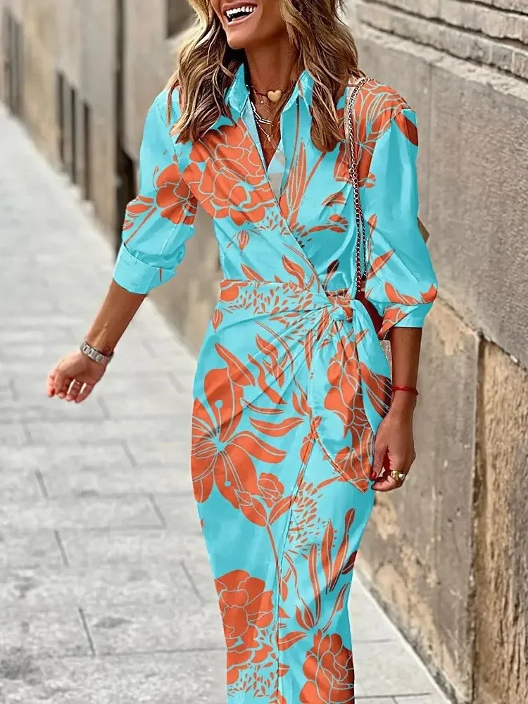 CPSYMYM femmes automne nouvelle mode imprimé chemise col sangle mi-longue Sexy col en v fendu rayé robe à manches longues