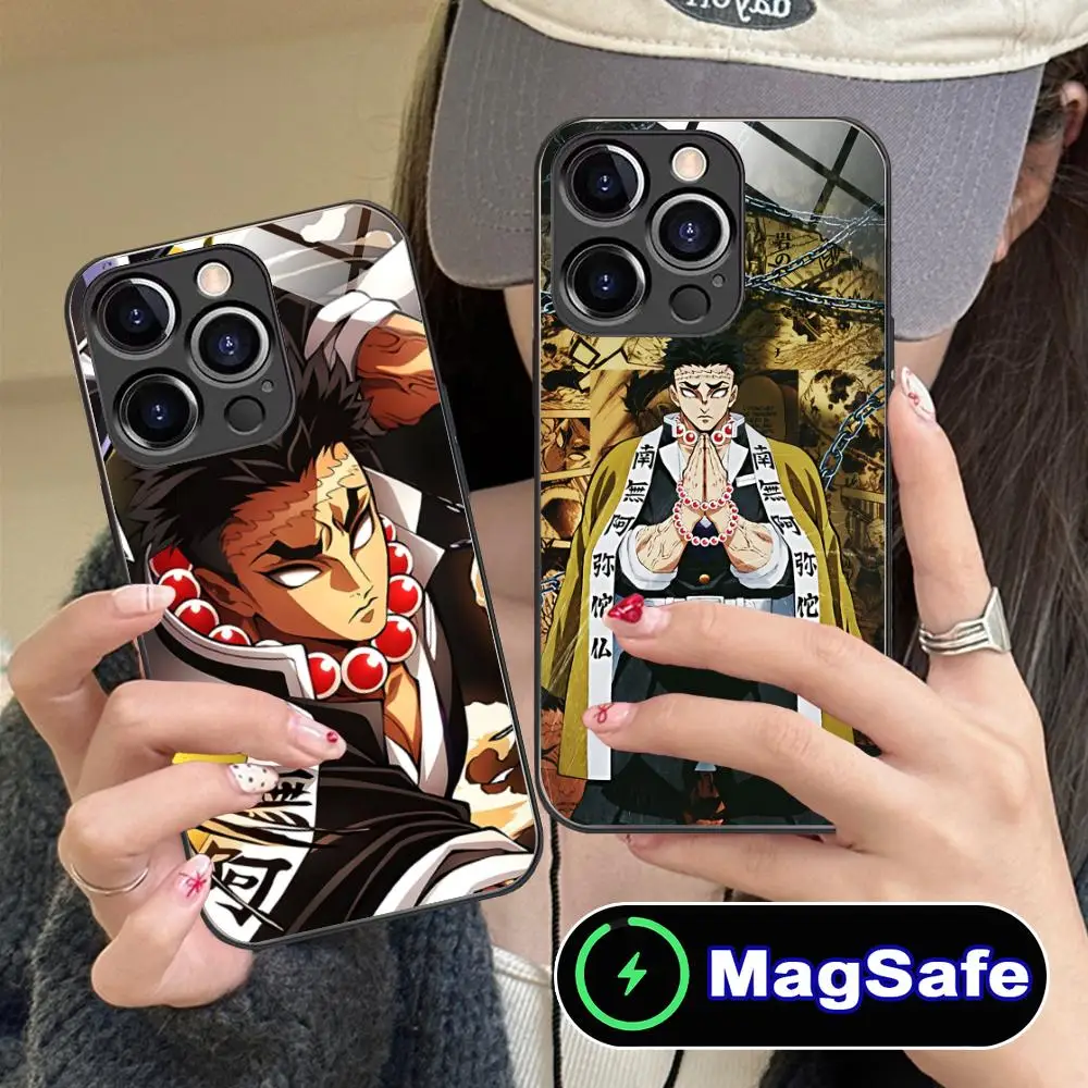 حافظة هاتف Demon Slayer Gyomei لهاتف آيفون 16 15 14 13 12 11 Pro Max Plus Mini MagSafe لون زجاجي غطاء حماية للهاتف الذكي