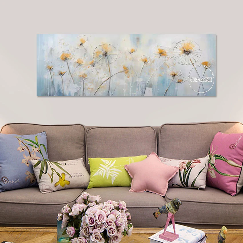 Living Room Decorative Item Dandelion Flowers Canvas Large Size Wall Oil Painting Handmade Abstract Luxury Wall Art Showpieces