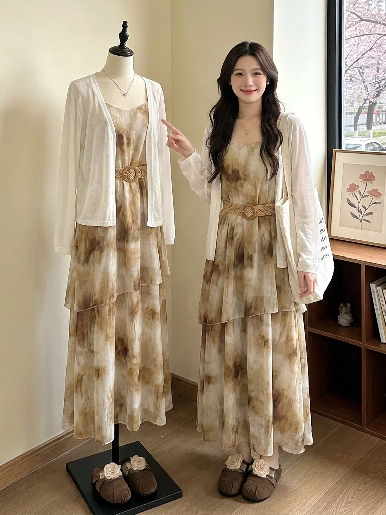 

Large Size Women's Summer Outfit Long Dress with Ink Dyeing Design And Open Cardigan Vacation Style Two-Piece Set Fashionable...