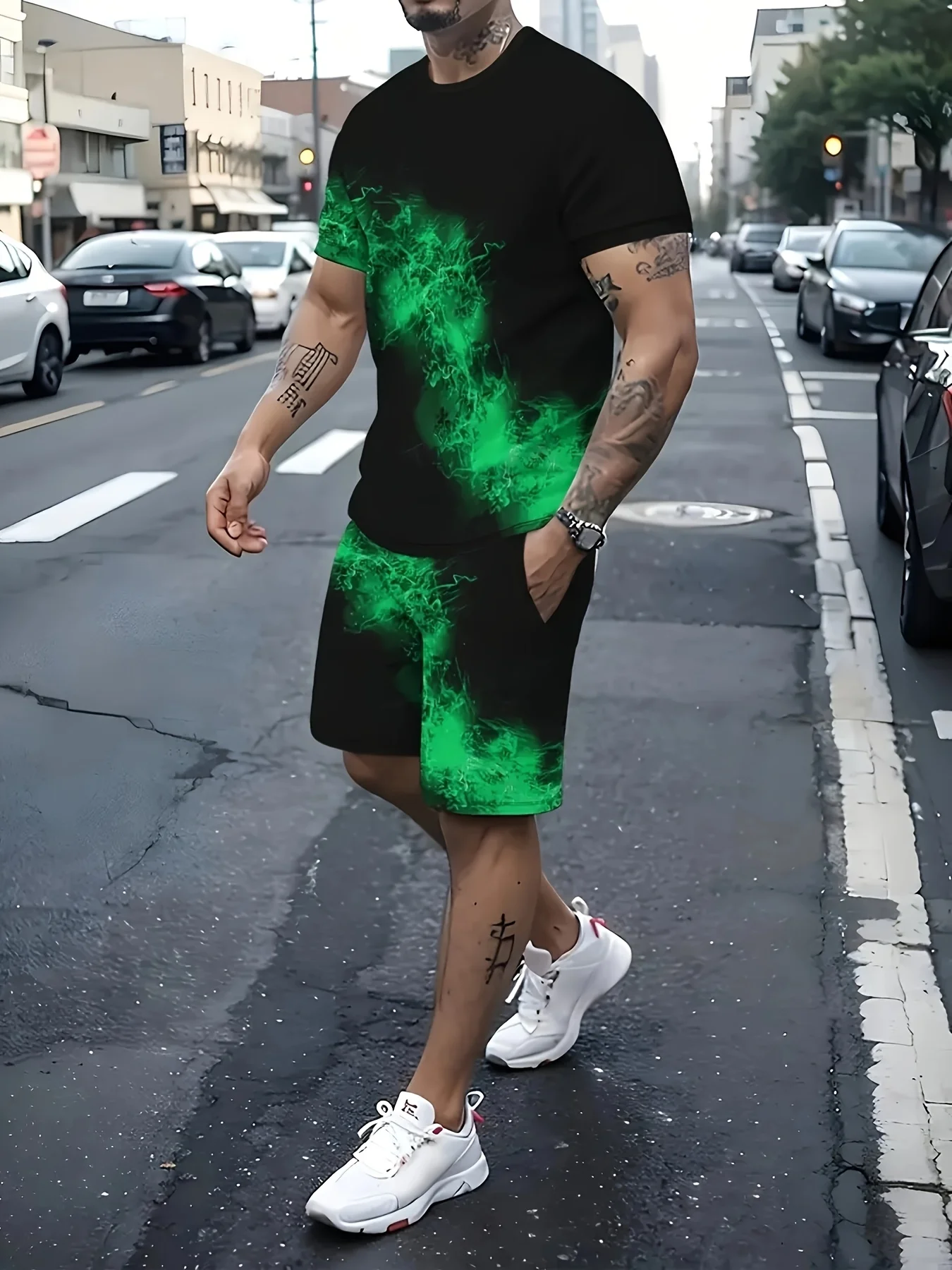 

Men‘s Summer Luxury Fashion Set 3D Print Comfortable Breathable Quick Dry Cool Streetwear T-Shirt Drawstring Shorts