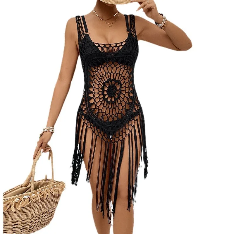 2025 Summer Handmade Crochet Beach Dress Bohemian Fringe Cover Up Women's Lace Cover Up Dress with Adjustable Ties Tassels Dress