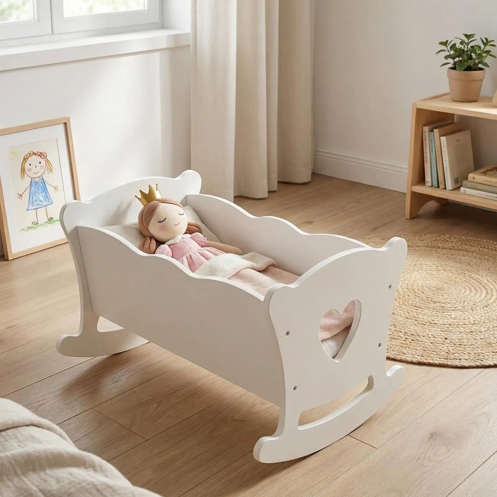 Drewniana kołyska dla lalek, uroczy zestaw mebli do pokoju dziecięcego, łóżeczko dla lalek, kołyska bujająca się dla chłopców, dziewczynek, dzieci, przedszkolaków i przedszkolaków w wieku przedszkolnym.