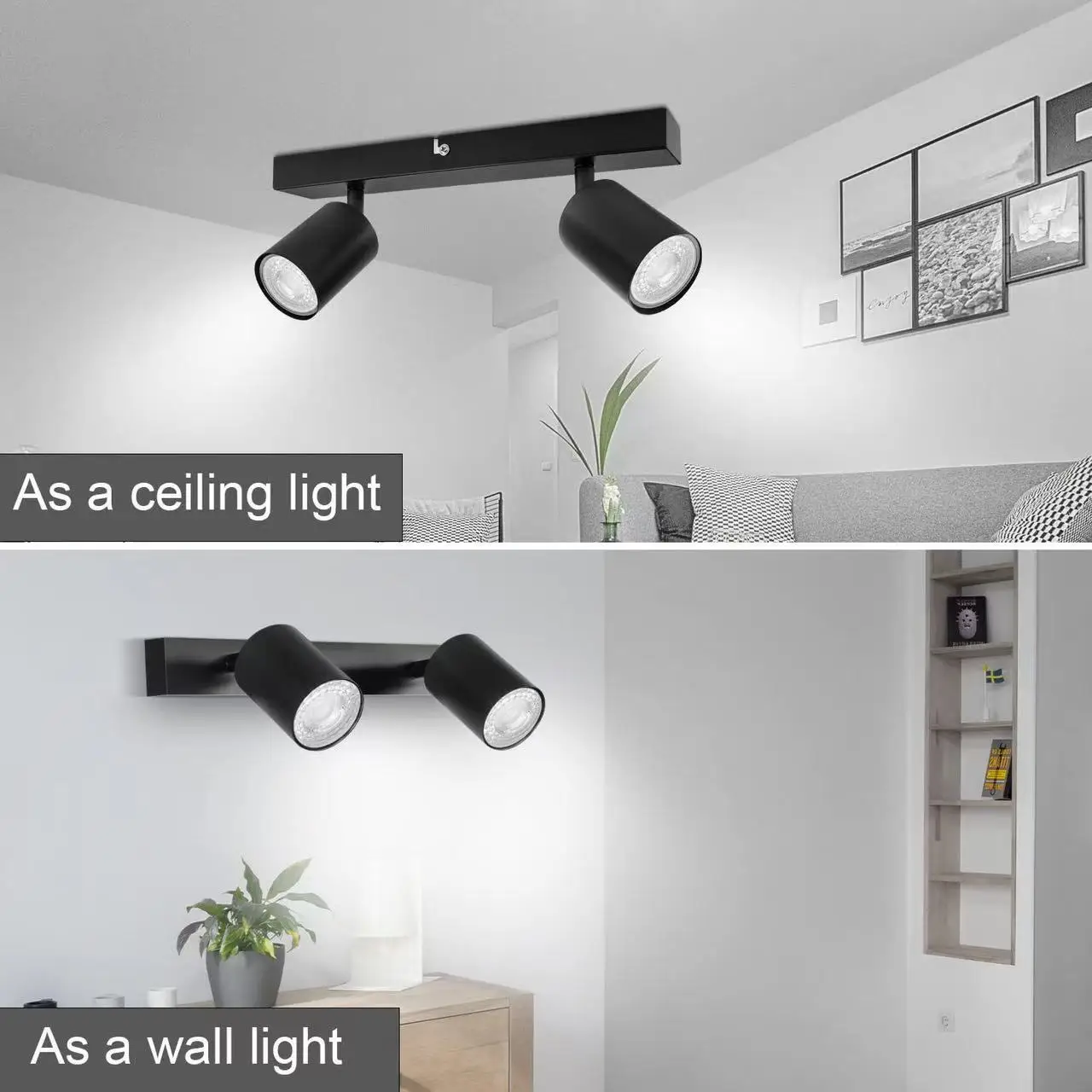 Modern LED Ceiling Light - 350° Rotation, 2 Lights GU10 Wall Light Black - Energy Saving, Living Room, Bedroom, Kitchen, Easy In