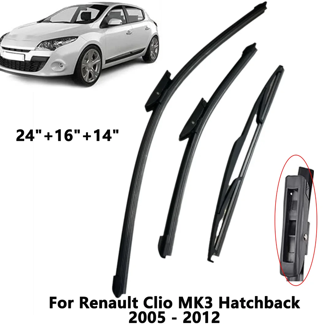 

Front Rear Wiper Blades Set For Renault Clio 3 MK3 Hatchback 2005 - 2012 Windshield Windscreen Window 24"+16"+14"