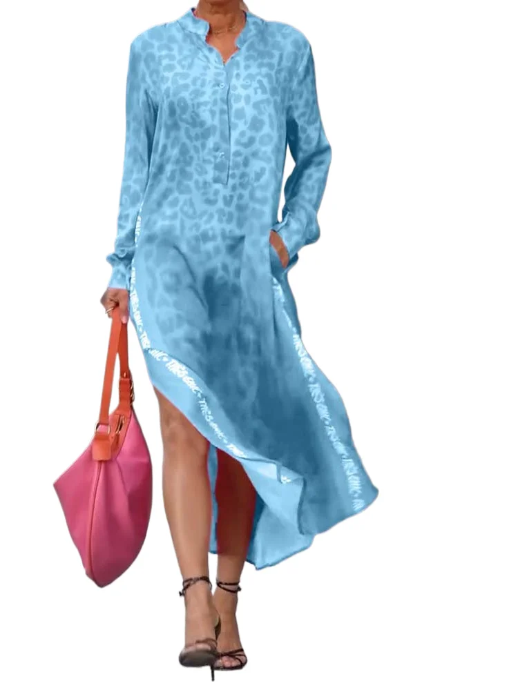 

Fashion Leopard Dress For Women Casual Long Sleeve V Neck Button Pullover Loose Dresses Vestidos Robe Femme Holiday Clothes Y2k