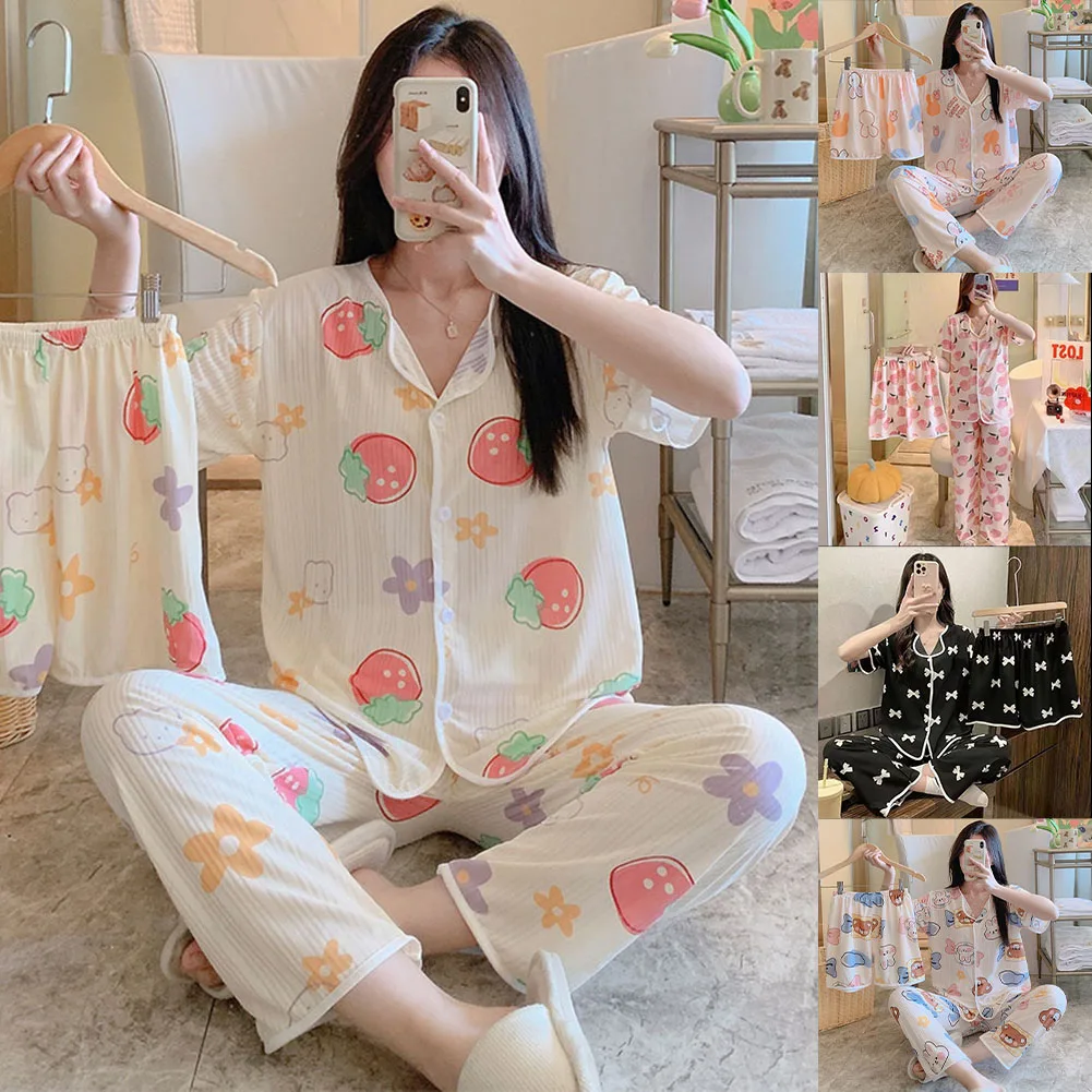 Trendy Women Pajama 3 Piece Outfit featuring Cute Cartoon Bow Design Comfortable Short Sleeve Top paired with Long Pants