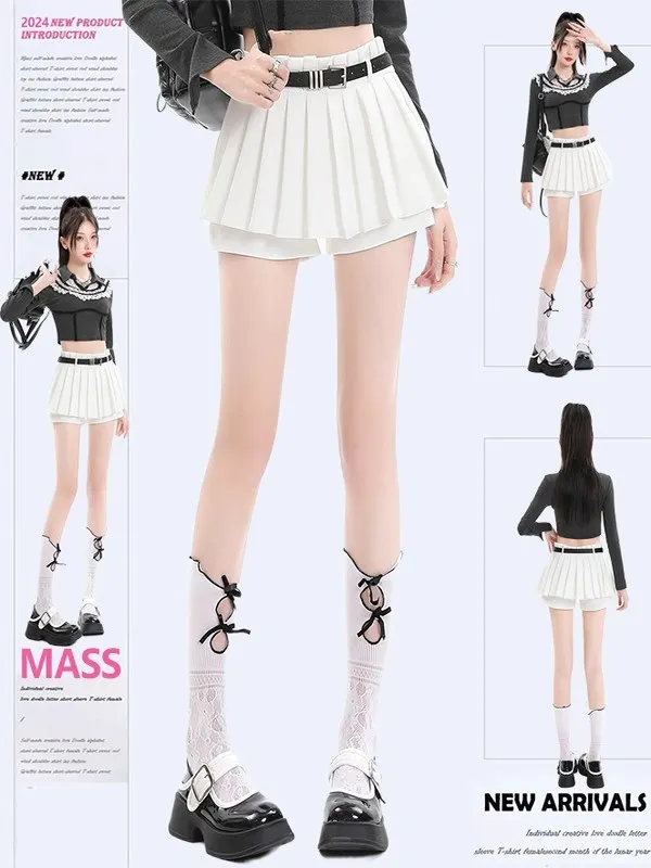 

Белая плиссированная юбка с высокой талией, женская осень 2024, новинка, антилегкие брюки, юбка, сексуальная девушка, повседневная юбка из полиэфирного волокна