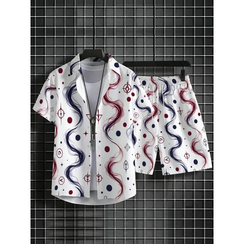 Men's Short Sleeve Shirt and Shorts Set，Lightweight polyester material，White background with red and blue wave design，Very suita - view 3