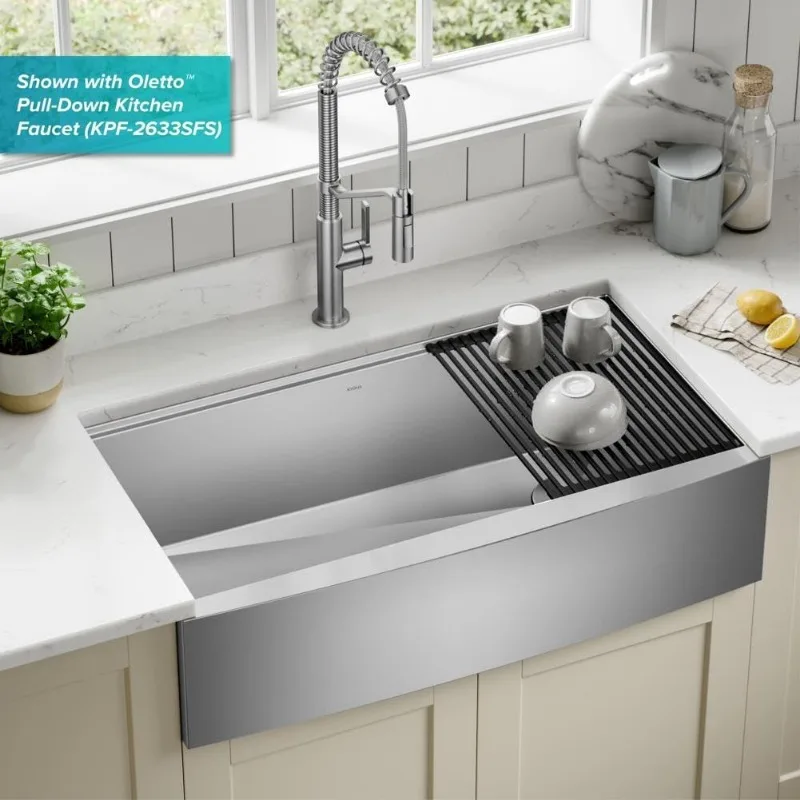 Workstation 36-inch Farmhouse Flat Apron Front 16 Gauge Single Bowl Stainless Steel Kitchen Sink with Integrated Ledge