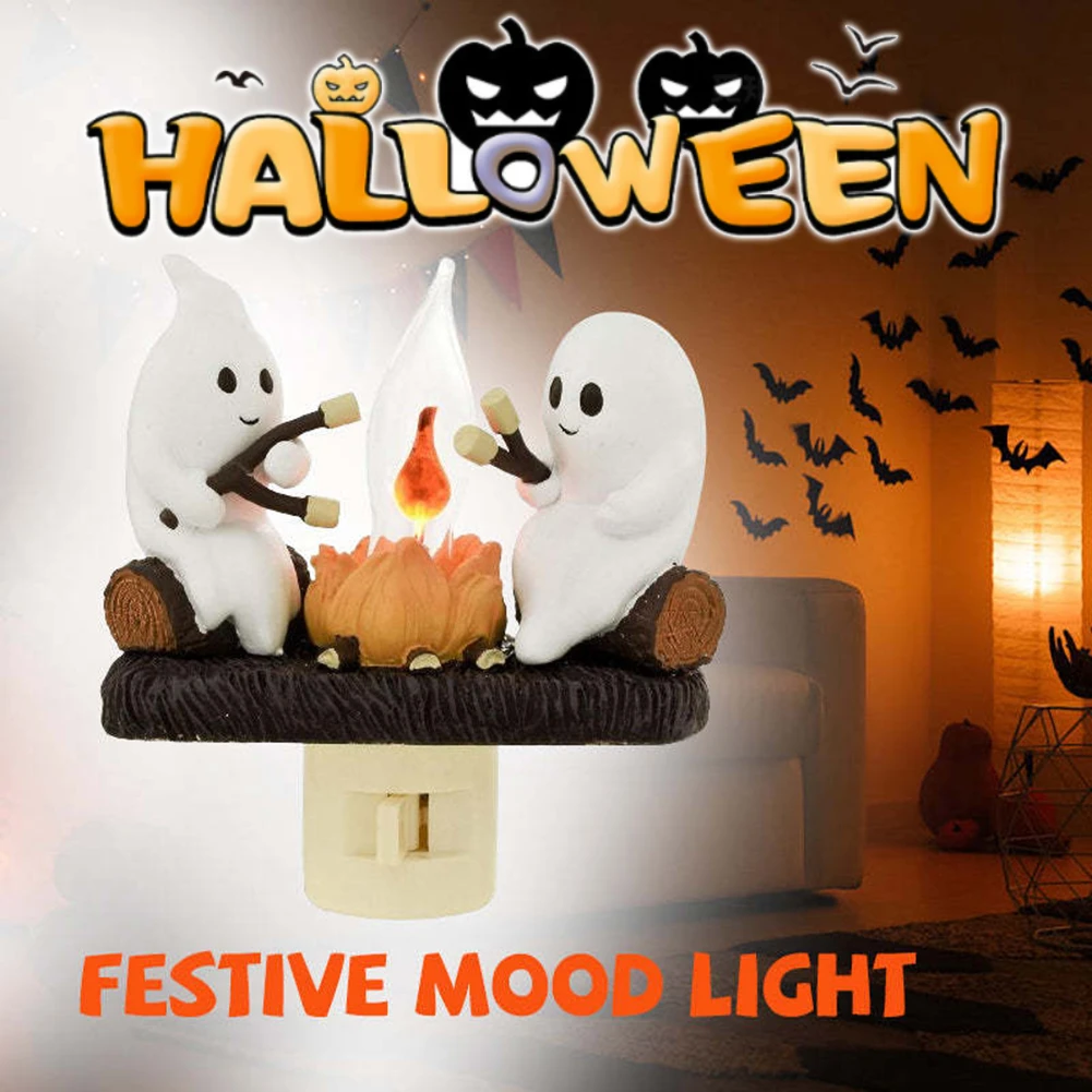 Halloween Decoration LED Ghost Campfire Nightlight Plug Into Wall Ghost Roasting At Campfire Lamp Ghosts Marshmallow Light