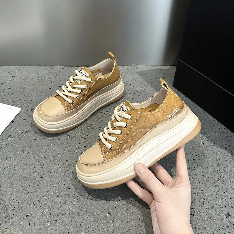 

Casual Thick Bottomed Genuine Leather Sneakers Women's Dad Shoes Flat Mouth Slip-On Fashionable Spring Summer Rubber Sole