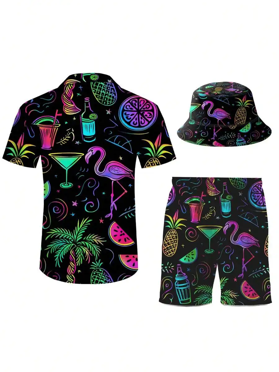 

Mens Neon Hawaiian Shirt And Shorts Set With Bucket Hat Casual Beach Vacation Outfit