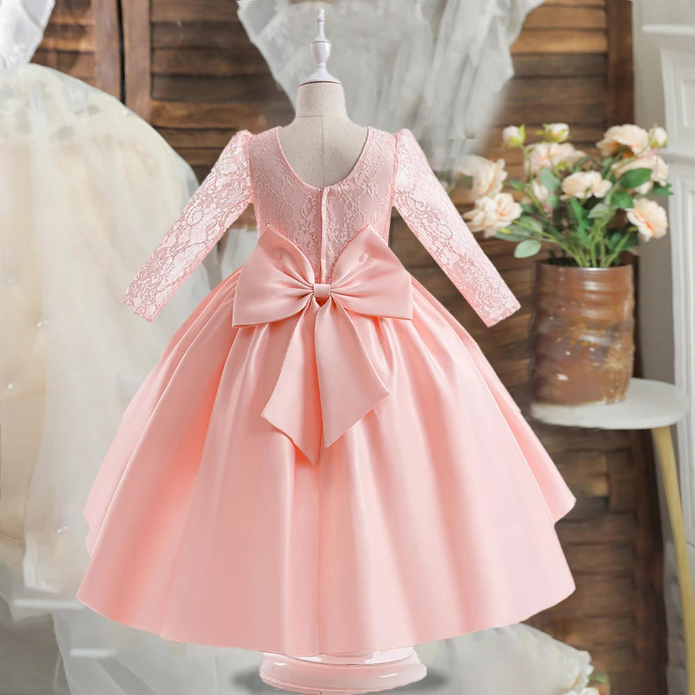 Kids Wedding Party Dresses Girls Bow White Flower Long Sleeved Costume Clothes Children Birthday Princess Gown Evening Vestidos