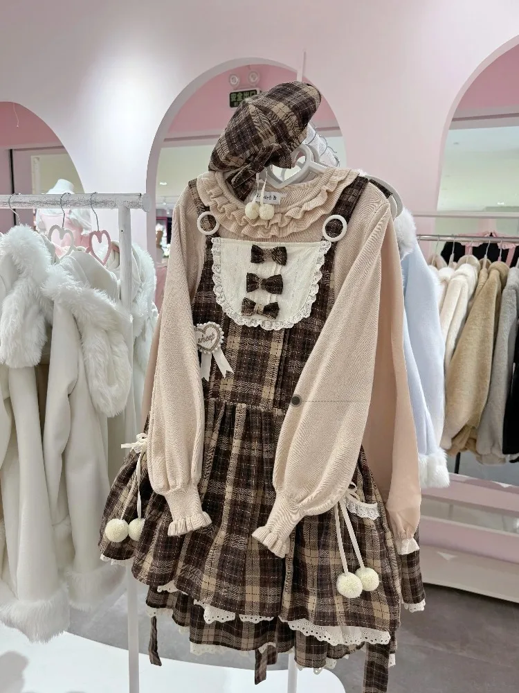 

Vintage Sweet Girl Dress Set Women Kawaii Lace Ruffle Knitted Tops Plaid Lace Bow Mini Dress Lolita Preppy Aesthetic 2 Piece Set