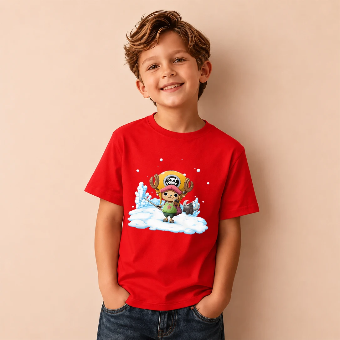Kids T‑Shirt One Piece Tony Tony Chopper Snow Scene Print Short Sleeve Casual Tops Boys Girls Anime Children Daily Wear Tees