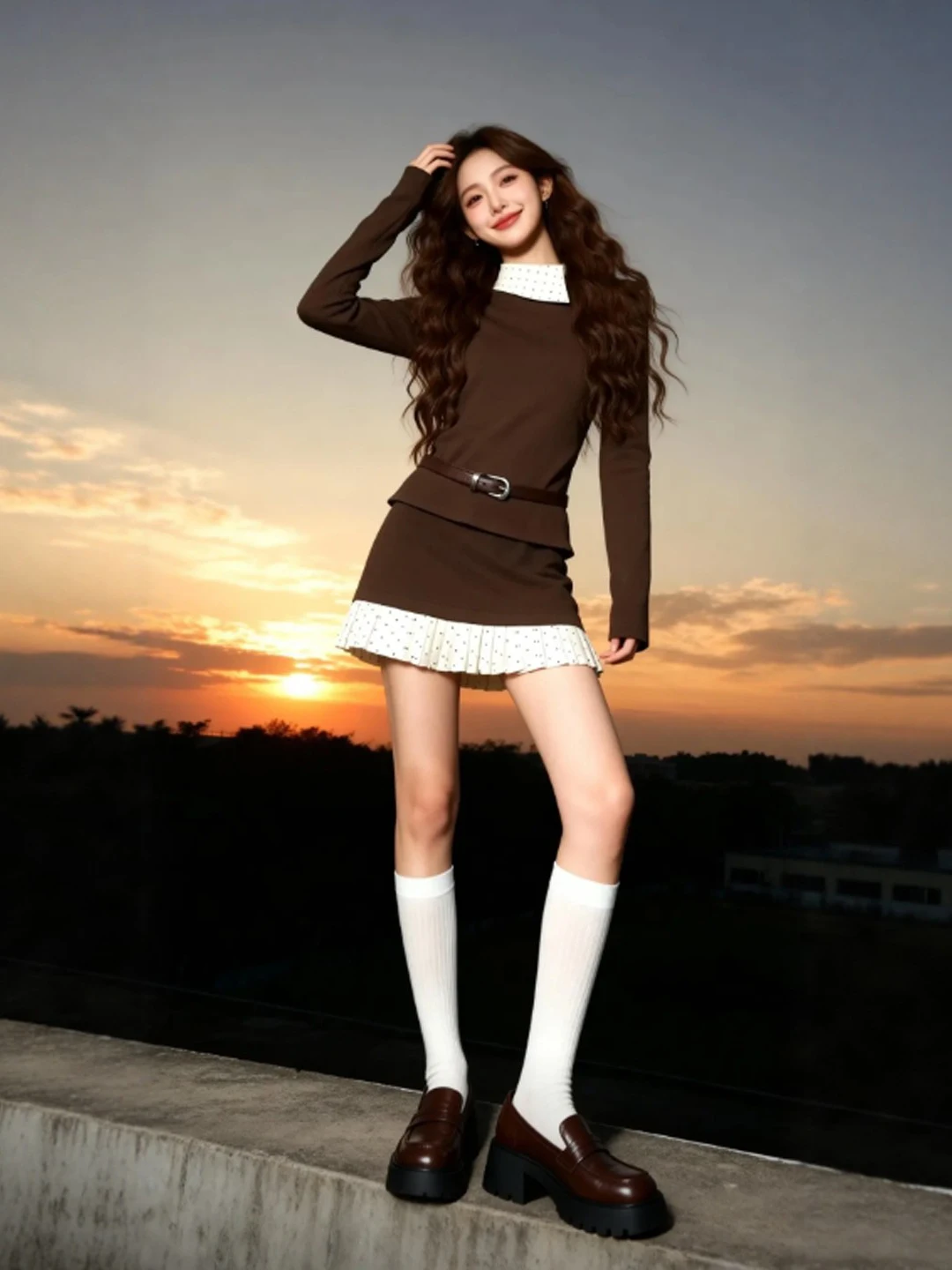 

Retro Ele Two-Piece Set Top And f Skirt Comfortable Cotton Spring Faion Casual Versatile High Waist irt
