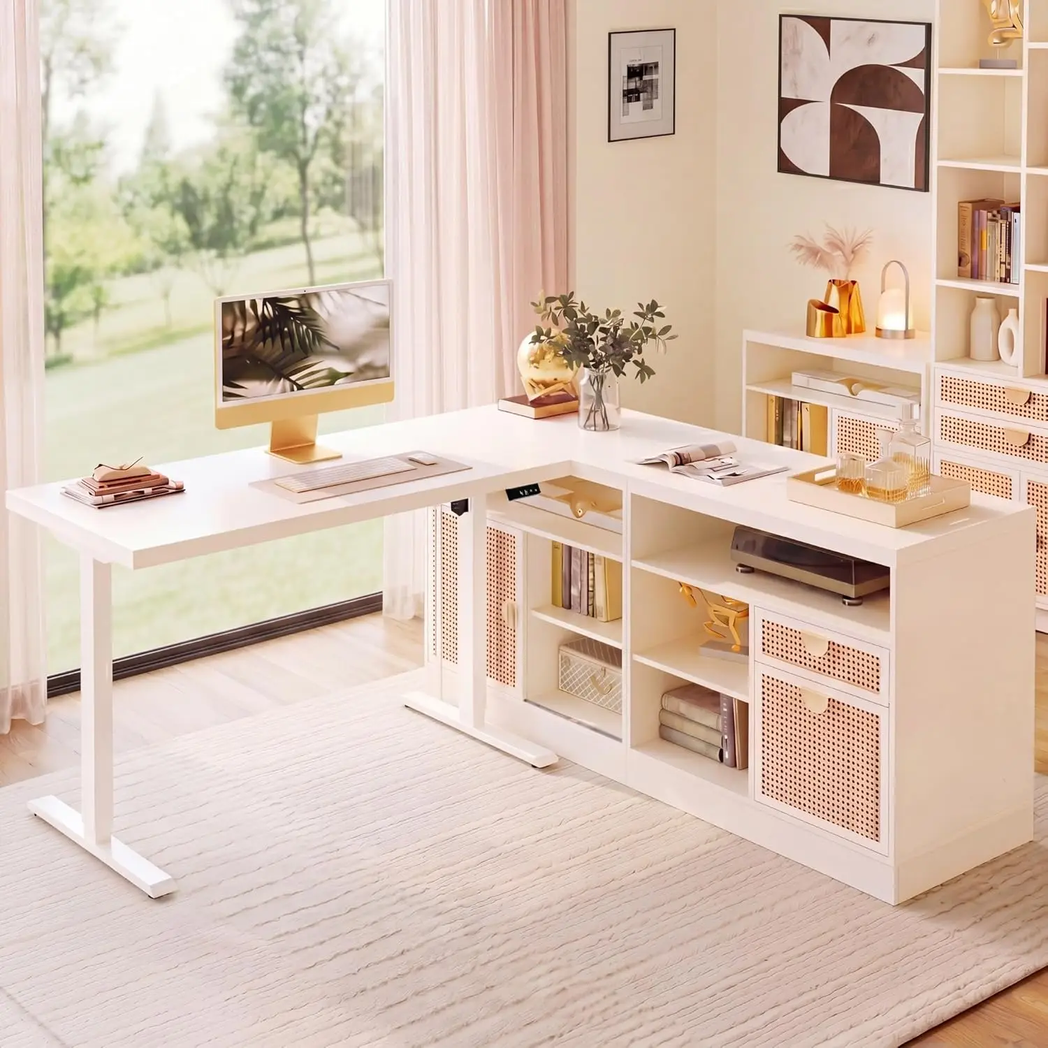 

L-Shaped Height Adjustable Electric Standing Desk Drawers Storage Cabinet Charging Station Home Office Customized